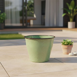 Green Speckled Metal Plant Pot 17cm Round Reactive Glaze Effect Outdoor Garden Planter
