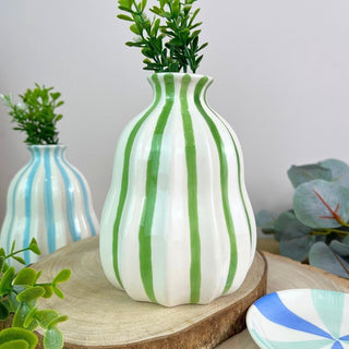 Green Stripe Balloon Stoneware Vase, 13cm Decorative Ceramic Gourd Flower Vase