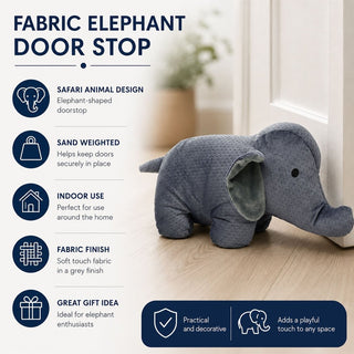 Grey Fabric Elephant Door Stop, 31cm Safari Animal Door Stopper