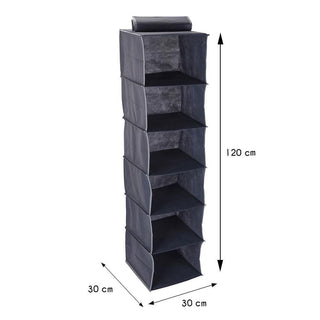 Grey Fabric Hanging Storage Organiser 6 Compartments | Wardrobe Shelves - 120cm