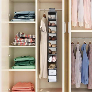 Grey Hanging Wardrobe Storage Organiser 10 Compartments | 120cm Hanging Shelves