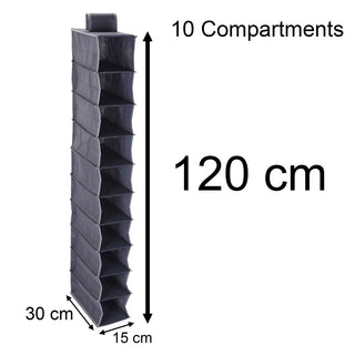Grey Hanging Wardrobe Storage Organiser 10 Compartments | 120cm Hanging Shelves
