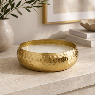Hammered Gold 5 Wick Candle In Metal Holder, Unscented White Wax, 17.5 cm