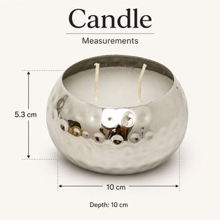 Hammered Two-Wick Candle in Silver Metal Holder, Unscented, 200g Wax Fill, 10 cm