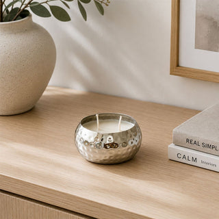 Hammered Two-Wick Candle in Silver Metal Holder, Unscented, 200g Wax Fill, 10 cm