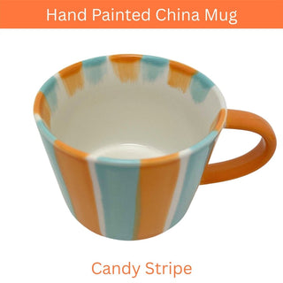 Hand Painted Candy Stripe Mug 300ml Orange & Blue Fine China Tea Coffee Cup