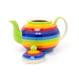 Hand Painted Rainbow Stripe Ceramic Large Teapot | 1 Litre Striped 4 Cups Tea Pot | Multicoloured Traditional Teapot