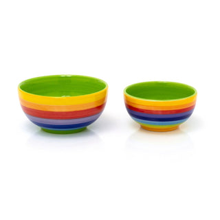 Hand Painted Rainbow Stripe Ceramic Set Of 2 Tapas Bowls | 2 Piece Snack Bowls Dipping Bowls Party Bowls | Duo Of Serving Bowls For Olives Nuts And Nibbles