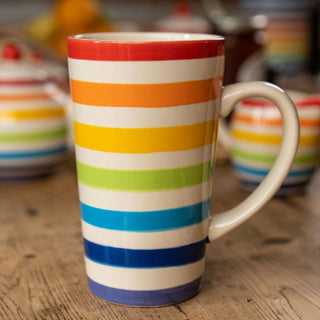 Hand Painted Tall Rainbow Mug | Rainbow Stripe Ceramic Tall Latte Coffee Mug