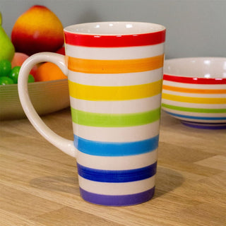 Hand Painted Tall Rainbow Mug | Rainbow Stripe Ceramic Tall Latte Coffee Mug