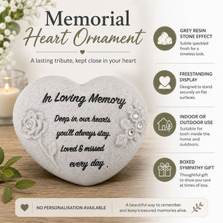 Heart Memorial Ornament, 14cm Stone Effect Indoor Outdoor Sympathy Gift
