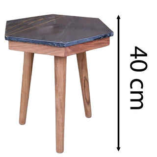 Hexagon Black Marble Side Table | Wooden Accent End Table with Brass Detailing