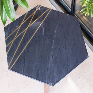 Hexagon Black Marble Side Table | Wooden Accent End Table with Brass Detailing