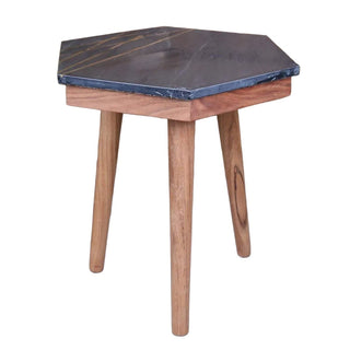 Hexagon Black Marble Side Table | Wooden Accent End Table with Brass Detailing
