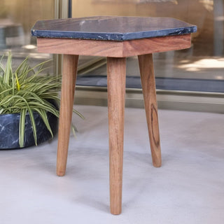 Hexagon Black Marble Side Table | Wooden Accent End Table with Brass Detailing