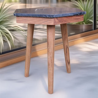 Hexagon Black Marble Side Table | Wooden Accent End Table with Brass Detailing