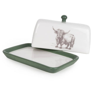 Highland Cow Butter Dish, 19cm White Ceramic Butter Tray with Removable Lid