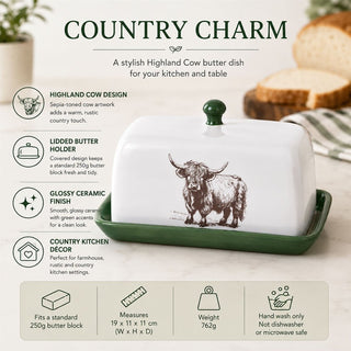 Highland Cow Butter Dish, 19cm White Ceramic Butter Tray with Removable Lid