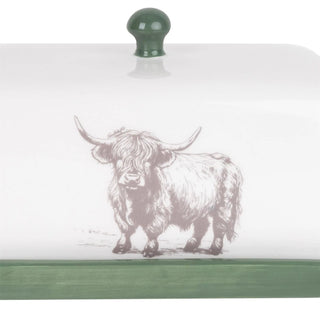 Highland Cow Butter Dish, 19cm White Ceramic Butter Tray with Removable Lid