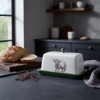Highland Cow Butter Dish, 19cm White Ceramic Butter Tray with Removable Lid