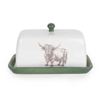 Highland Cow Butter Dish, 19cm White Ceramic Butter Tray with Removable Lid