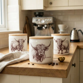 Highland Cow Coffee Canister | 12cm Ceramic Kitchen Coffee Jar with Wooden Lid
