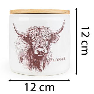 Highland Cow Coffee Canister | 12cm Ceramic Kitchen Coffee Jar with Wooden Lid