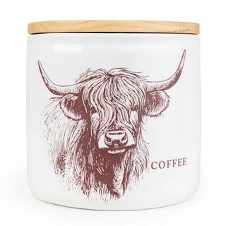 Highland Cow Coffee Canister | 12cm Ceramic Kitchen Coffee Jar with Wooden Lid
