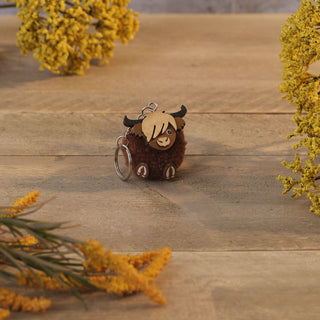 Highland Cow Pom Pom Keyring, 4cm Wool Pom Pom Bag Charm, Mini Animal Keychain
