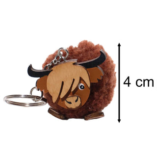Highland Cow Pom Pom Keyring, 4cm Wool Pom Pom Bag Charm, Mini Animal Keychain