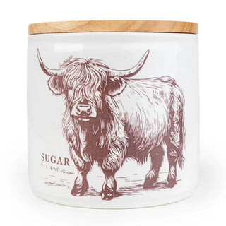 Highland Cow Sugar Canister | 12cm Ceramic Kitchen Sugar Jar with Wooden Lid