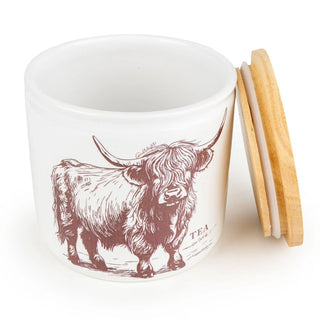 Highland Cow Tea Canister | 12cm Ceramic Kitchen Tea Jar with Wooden Lid