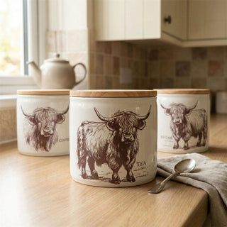 Highland Cow Tea Canister | 12cm Ceramic Kitchen Tea Jar with Wooden Lid