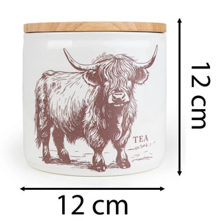 Highland Cow Tea Canister | 12cm Ceramic Kitchen Tea Jar with Wooden Lid