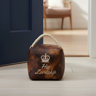 His Lordship Faux Leather Doorstop, 16cm Novelty Slogan Door Stop Rope Handle