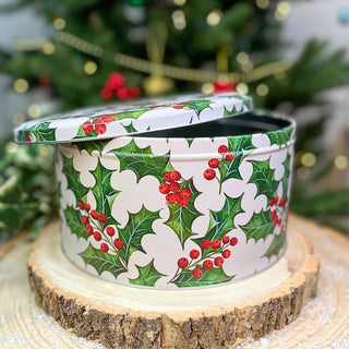 Holly & Berries Christmas Cake Tin | Round Festive Baking Storage Tin 24x12cm