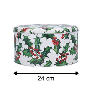 Holly & Berries Christmas Cake Tin | Round Festive Baking Storage Tin 24x12cm