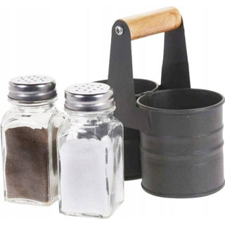 Industrial Salt and Pepper Shakers with Metal Holder, Glass Salt & Pepper Pots