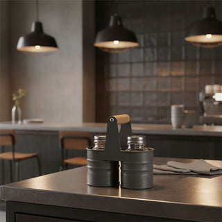 Industrial Salt and Pepper Shakers with Metal Holder, Glass Salt & Pepper Pots