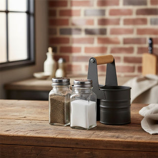Industrial Salt and Pepper Shakers with Metal Holder, Glass Salt & Pepper Pots