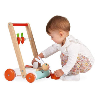 Janod Rabbit Pushcart with Blocks | Wooden Push Along Baby Walker | Age 12m+