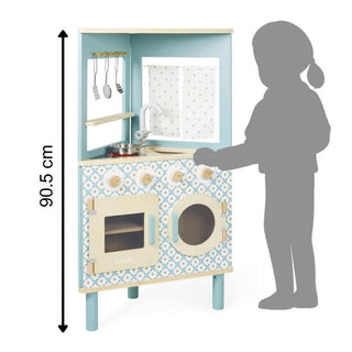 Janod Trio Kitchen | 3 - Sided Wooden Pretend Play Kids Oven & Cooking Utensils
