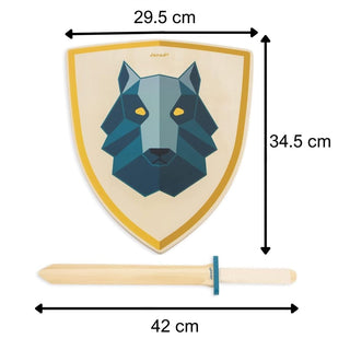 Janod Wooden Sword & Shield Set | Wolf Design | Kid's Pretend Play Fancy Dress