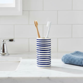 Jeff Banks Ceramic Toothbrush Holder, 13cm Toothbrush Pot Striped Blue Design