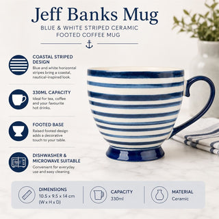 Jeff Banks Mug, 330ml Blue and White Striped Ceramic Tea and Coffee Mug
