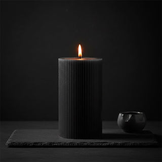 Large Charcoal Ribbed Pillar Candle, 14x7cm Unscented Dark Grey Candle