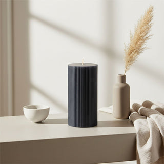 Large Charcoal Ribbed Pillar Candle, 14x7cm Unscented Dark Grey Candle