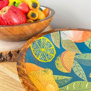 Large Citrus Zest Mango Wood Fruit Bowl | Enamel Salad & Serving Dish - 30cm