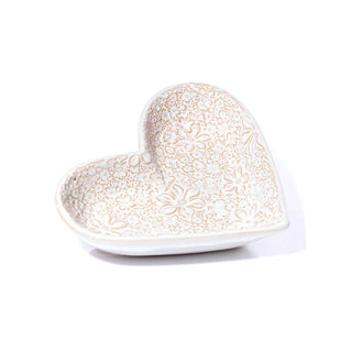 Large Floral Heart Trinket Dish | White Ceramic Jewellery Dish Flower Design