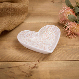 Large Floral Heart Trinket Dish | White Ceramic Jewellery Dish Flower Design